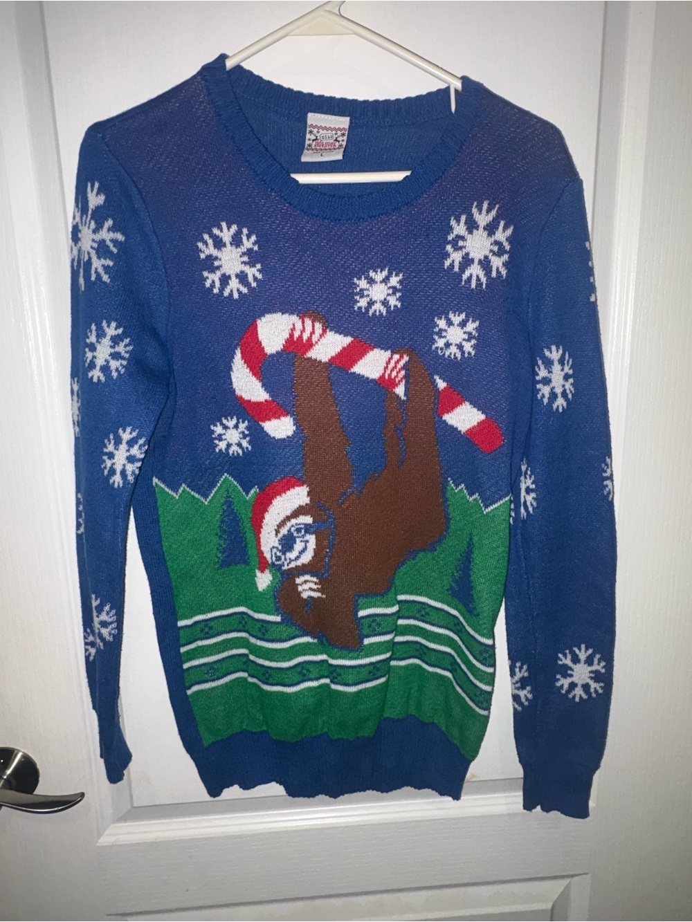 Blue Holiday Sloth Knit Sweater - Festive Pullover - Large